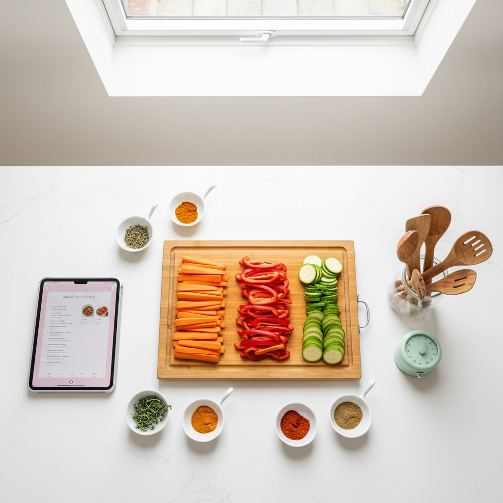 A top-down view of a clean, organized meal prep station on a white kitchen island, showing a wooden chopping board with precisely sliced carrots, capsicum, and zucchini, small ceramic pinch bowls of herbs and spices, and a digital tablet displaying a recipe with a soft blush pink border. A glass jar of wooden spoons and a pale mint timer add playful touches. Natural overcast daylight from a skylight creates even, diffused lighting with almost no harsh shadows. Photographic realism with a bright, modern aesthetic, emphasizing tidy arrangement and clear negative space, ideal for illustrating step-by-step recipe preparation in a friendly, uncluttered style.